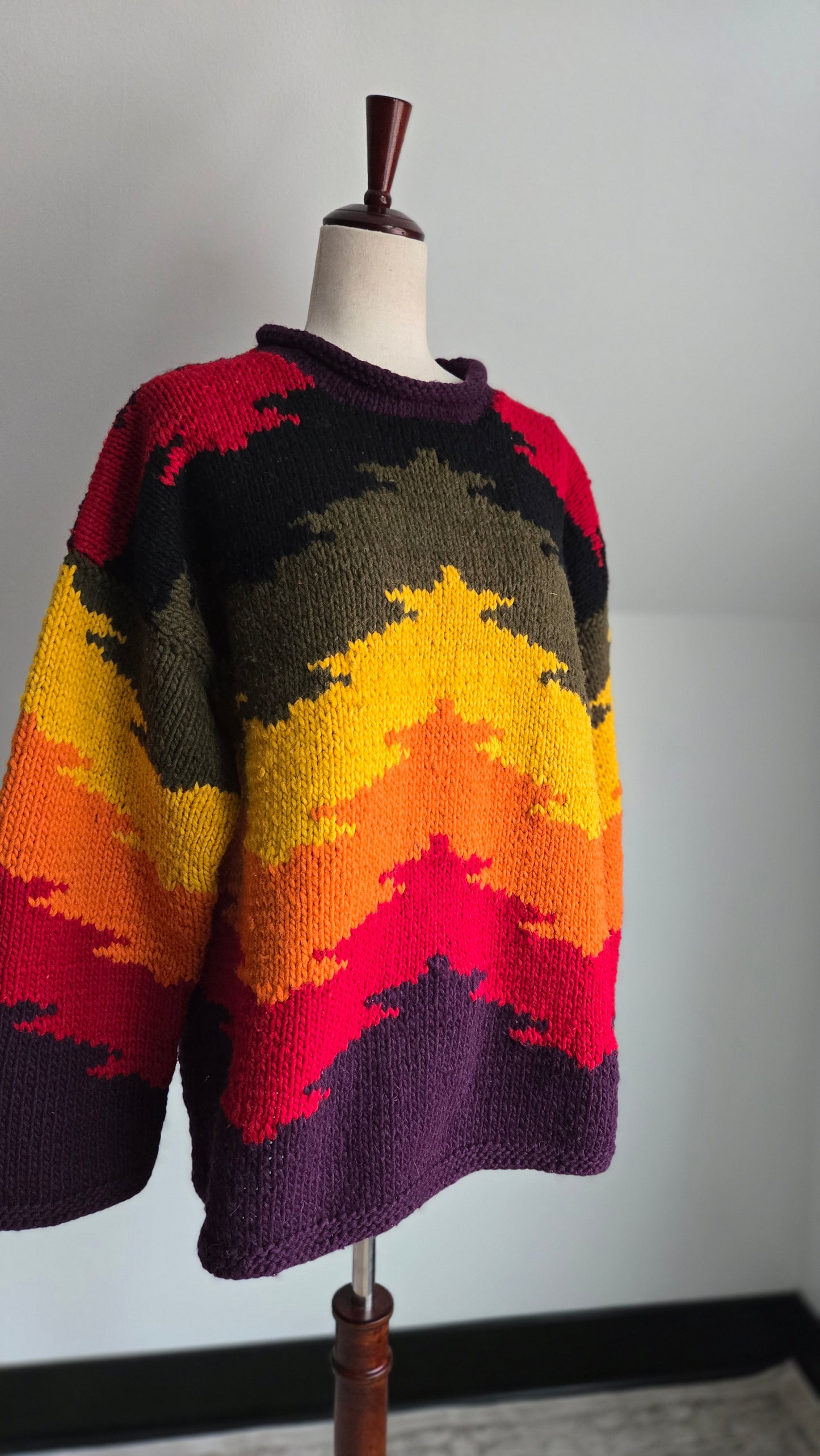 Otavalo Hand Knit Wool Rainbow Tree Native American for Outdoor Men Sweater - Large