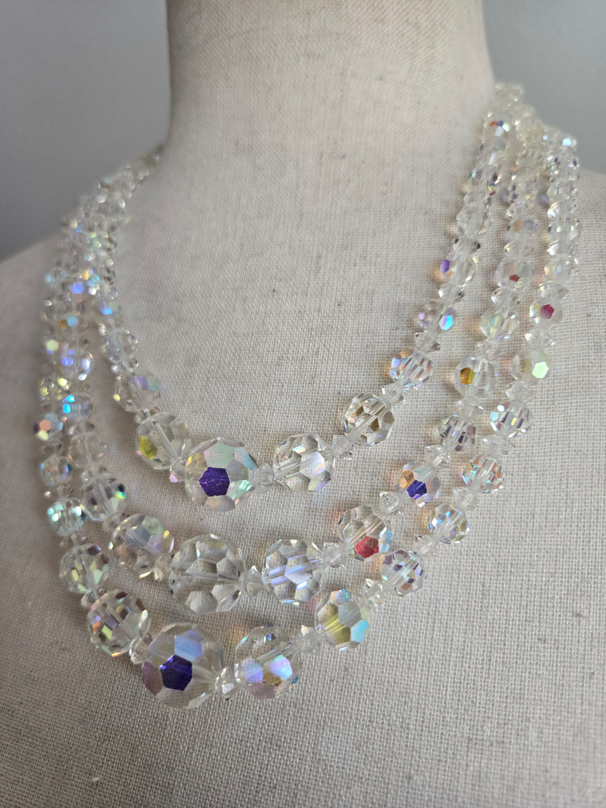Vintage Three Strand AB Glass Crystal Necklace