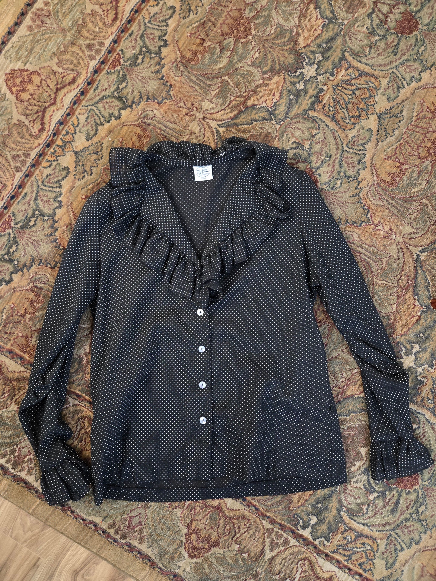 Na'Ma of California 70s Black Tiny Polka Dot Ruffle Top - medium