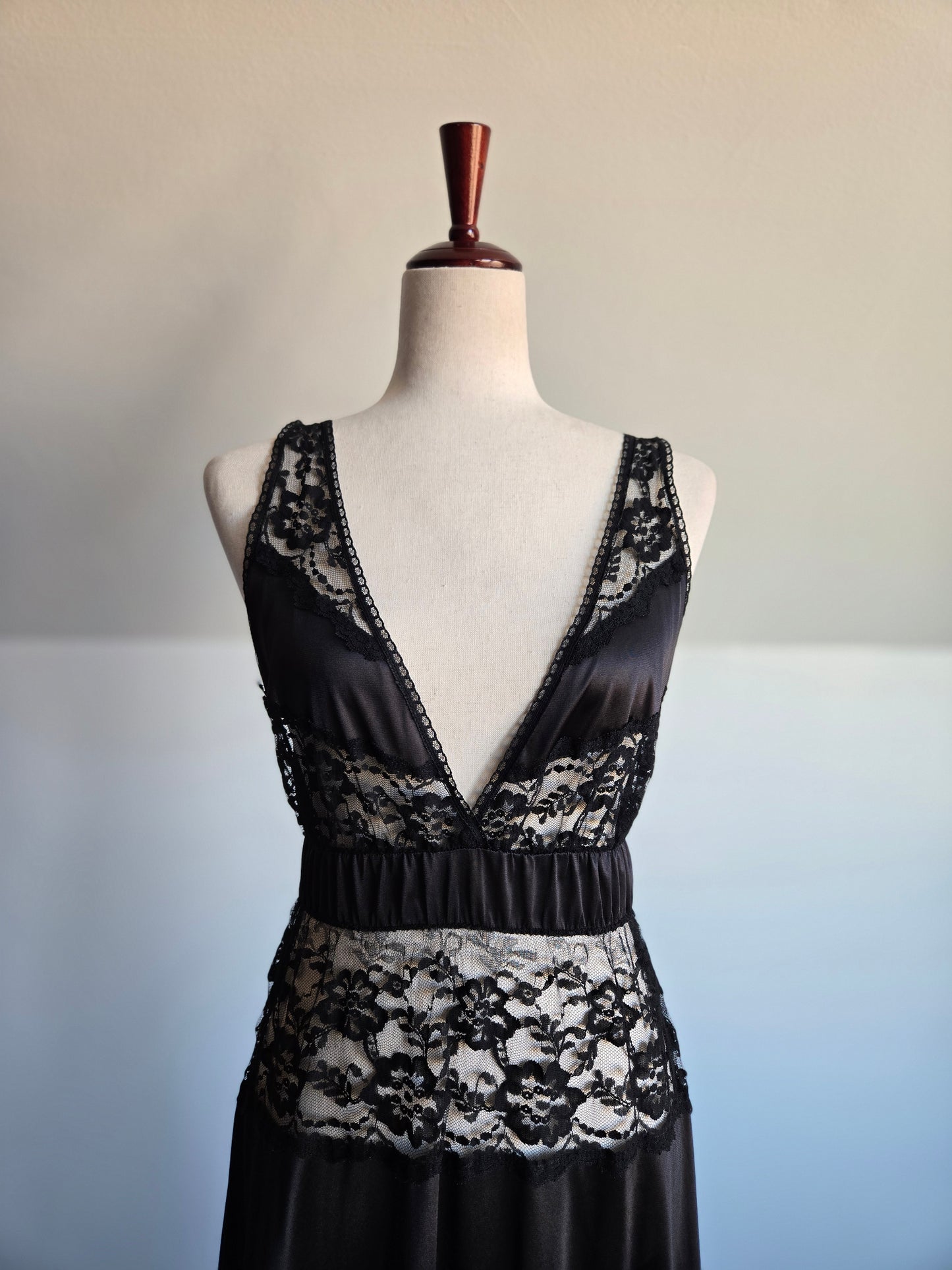 Lady Cameo Vintage Black Lingerie Slip Dress - Medium