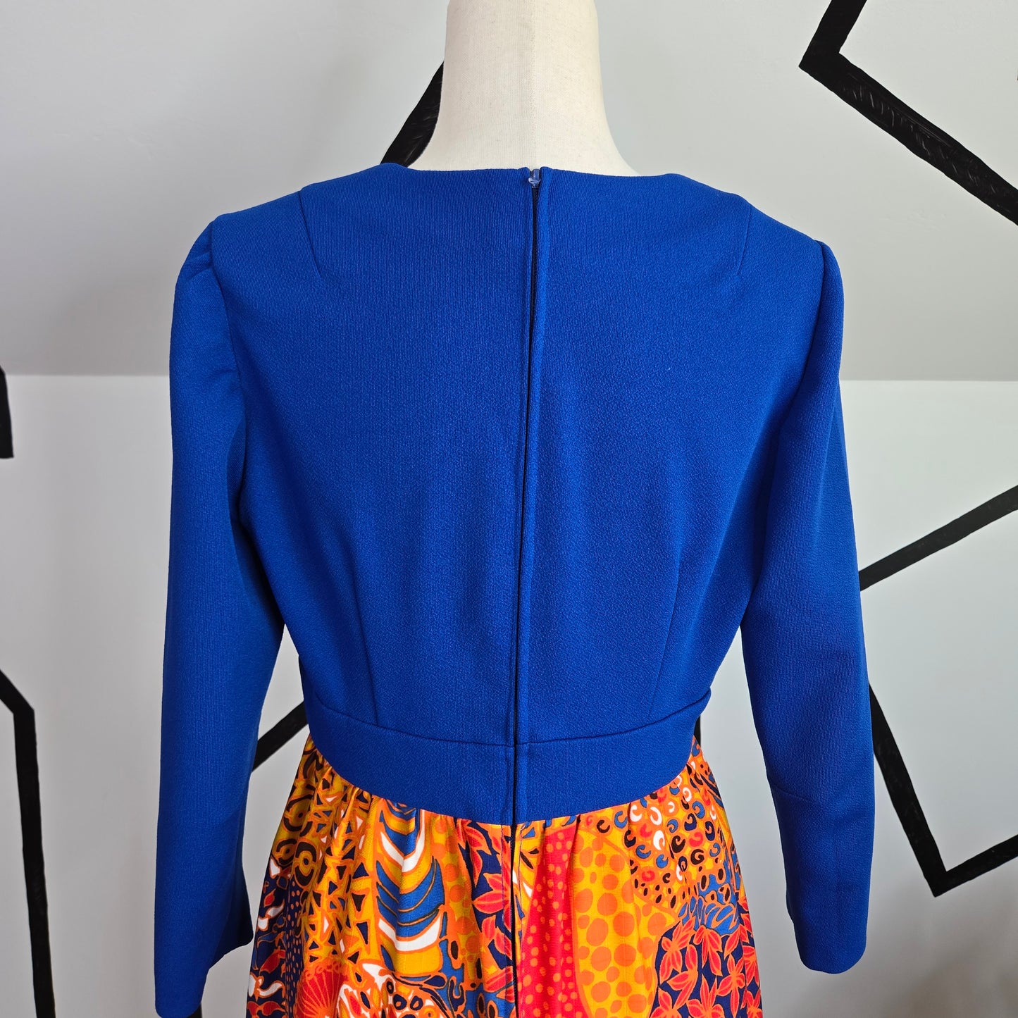 Vintage 1970s Blue Structured Top Maxi Dress with an Orange Dayglo Print Skirt