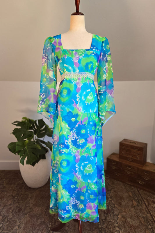 Vintage 70s Blue and Purple Psychedelic Floral Print Maxi Dress -