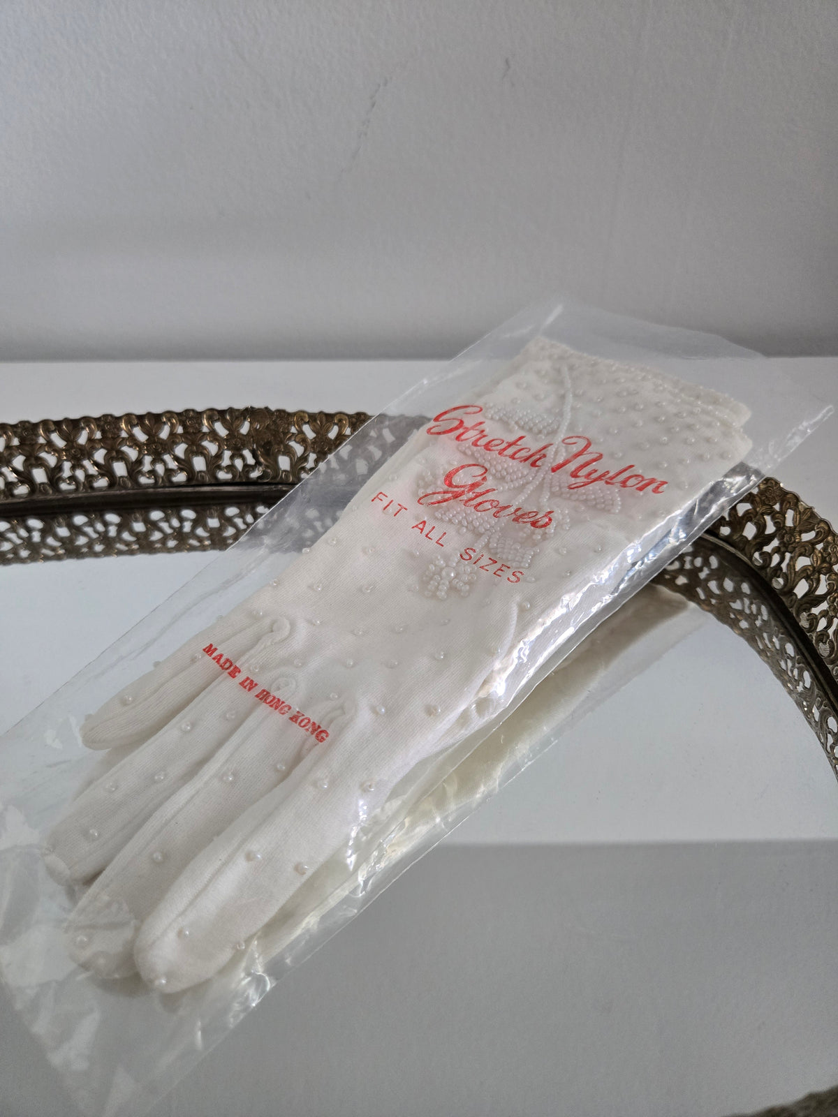 Vintage 1950s Deadstock Nylon Gloves with Pearls - Small