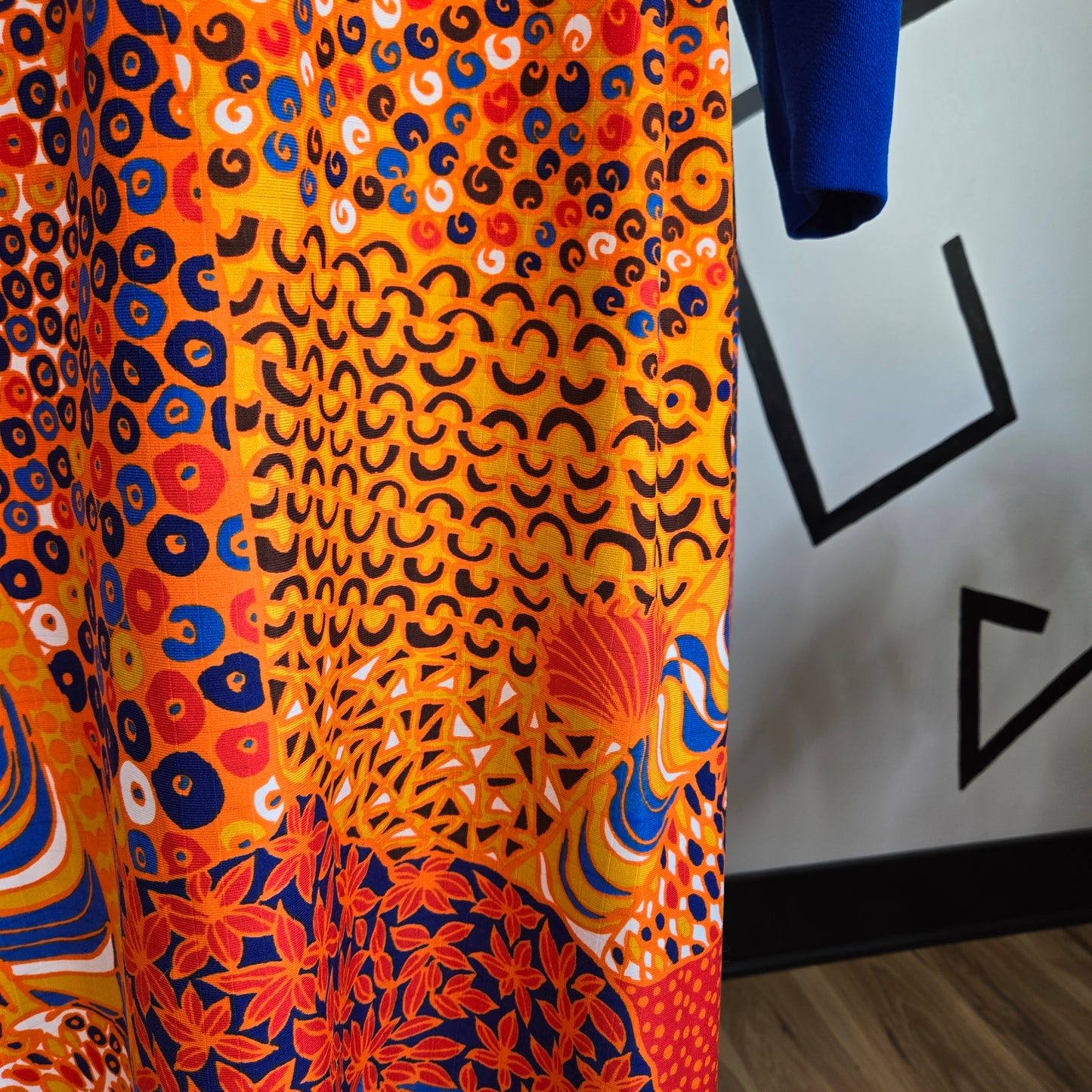 Vintage 1970s Blue Structured Top Maxi Dress with an Orange Dayglo Print Skirt