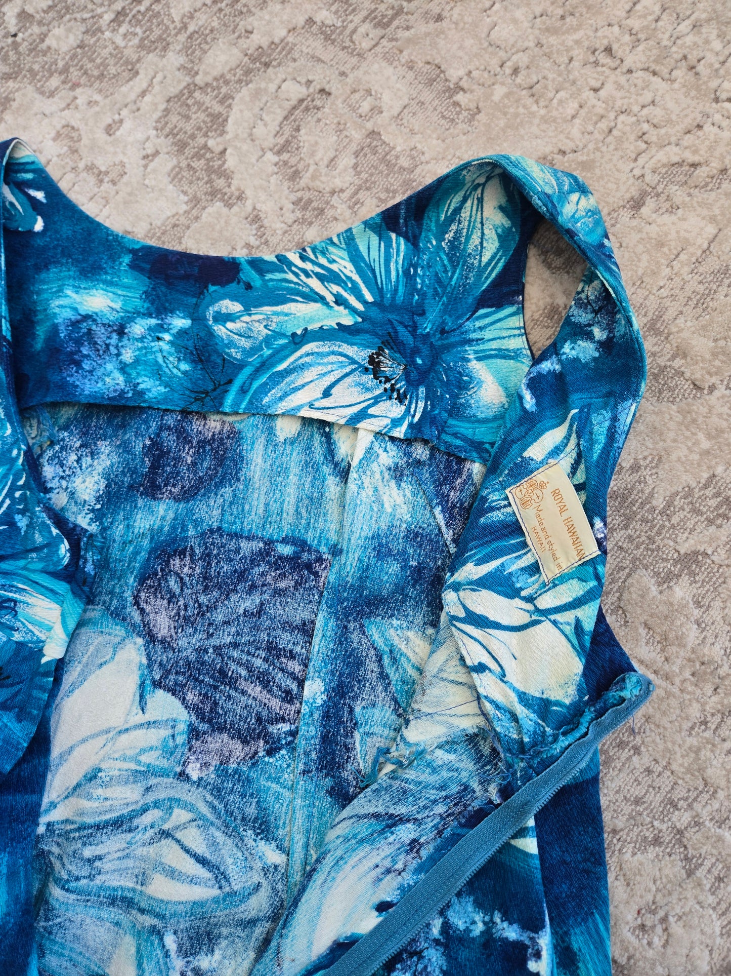 Royal Hawaiian Barkcloth Blue Floral Made in Hawaii Dress - Small