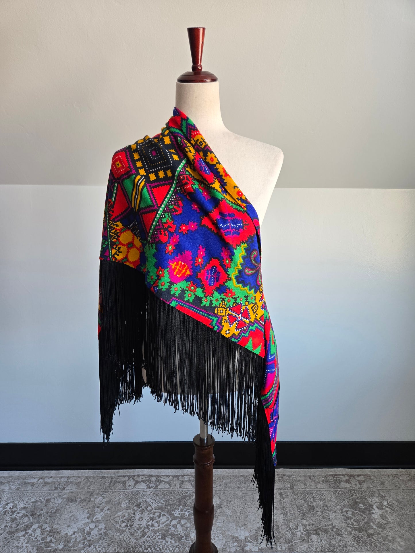 Vintage Barkcloth Dayglo Shawl with Fringe - OS