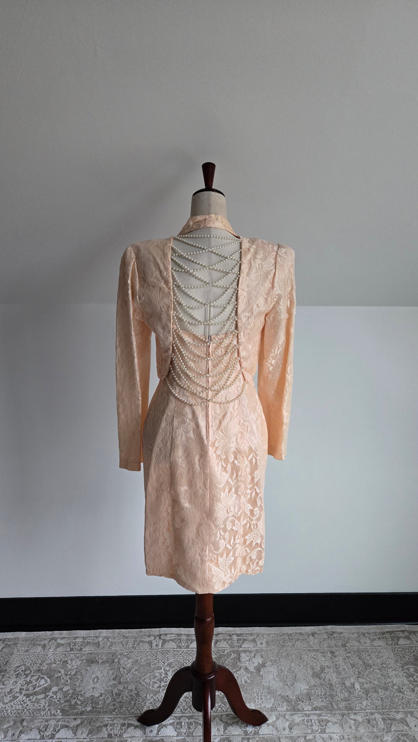 New Leaf Vintage 80s Peach Lace Dress and Pearl Bolero - Small