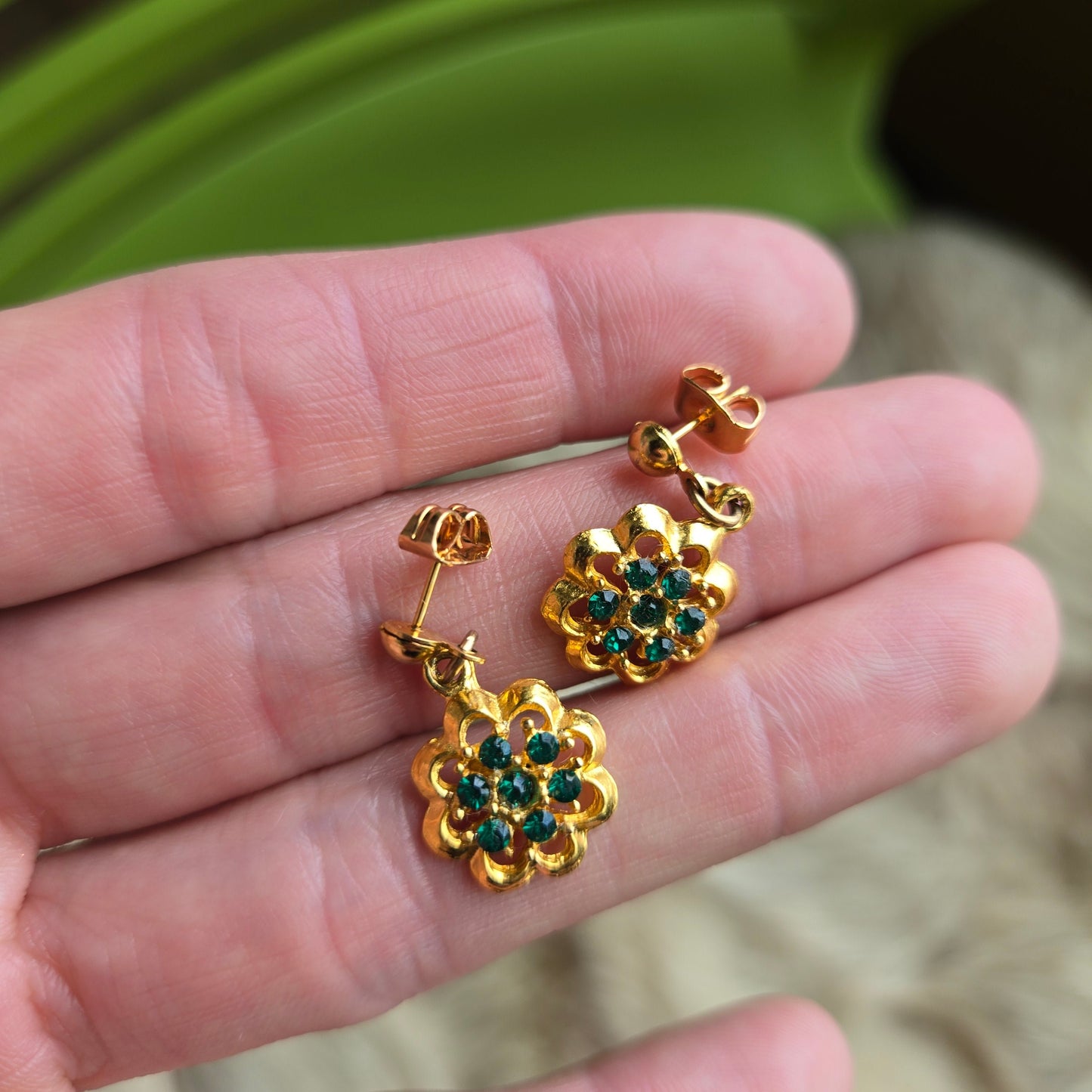 Vintage Gold Flower Drop Earrings with Emerald Green Rhinestones - Post Back