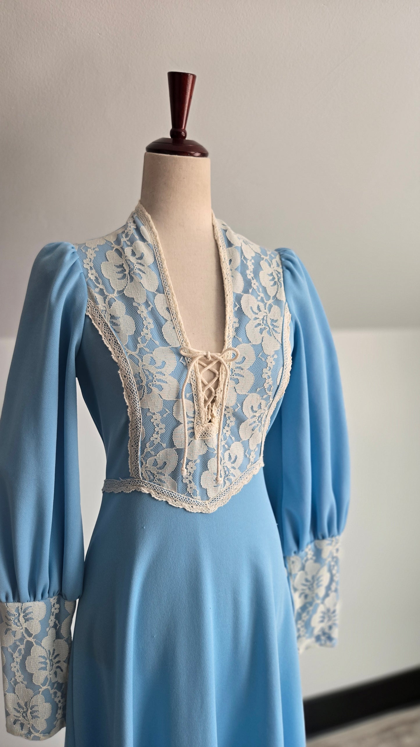 Vintage 1970s Sky Blue Prairie Dress with Floral Lace Details and Corset Top - Small