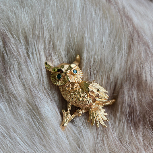 Monet Vintage Owl Brooch with Green Rhinestone Eyes