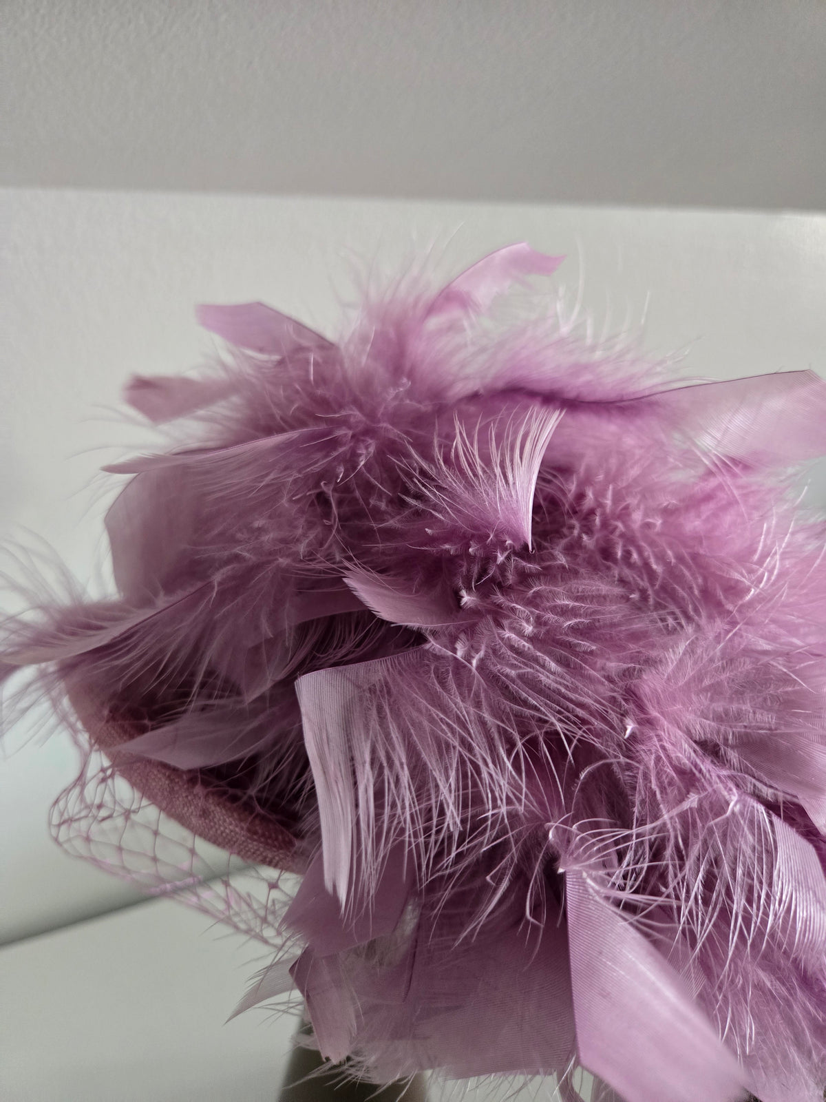 Vintage Lavender Fascinator with Mesh and Feathers
