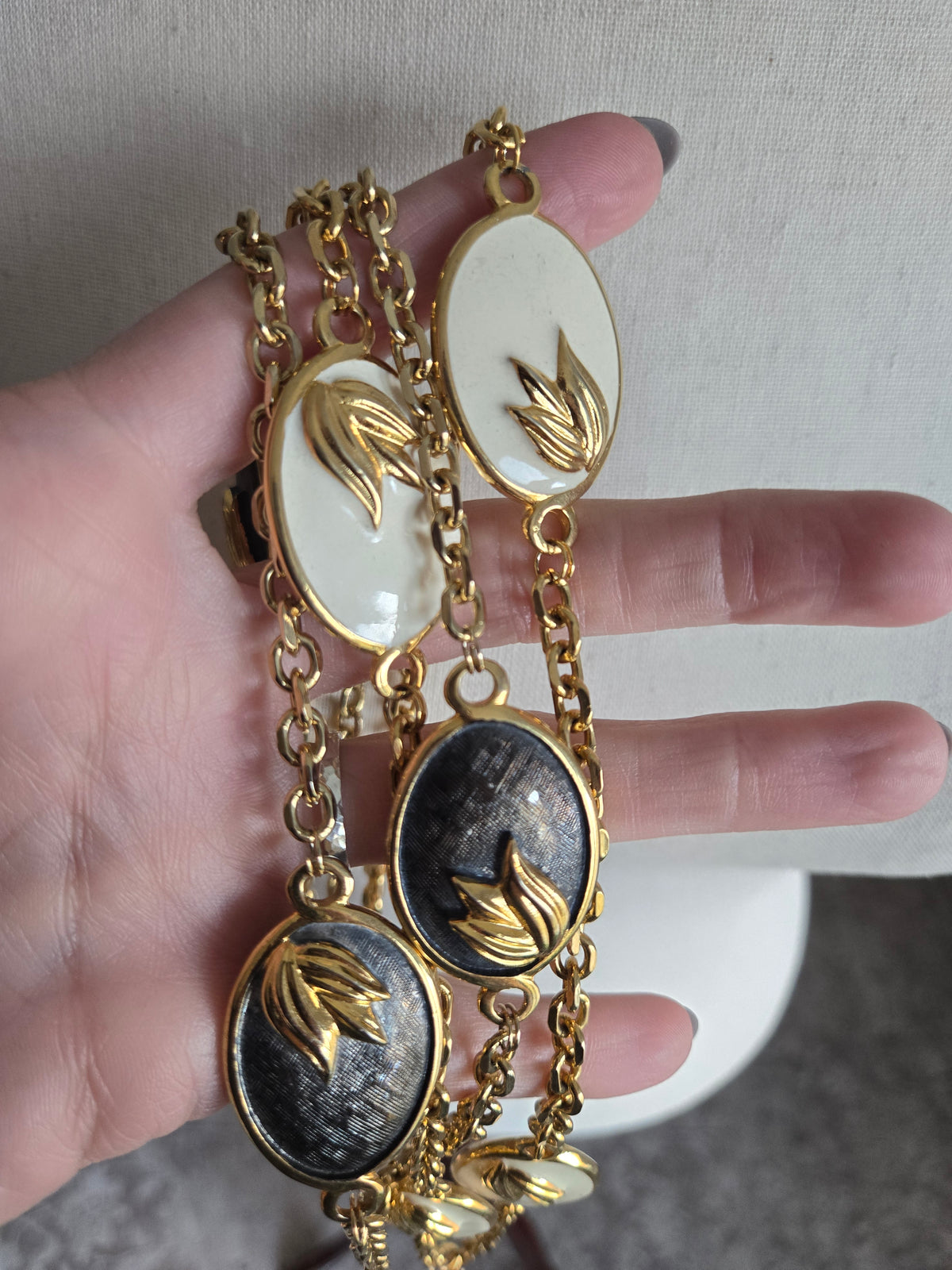 Vintage Black and White Statement Necklace with Gold Leaf Design