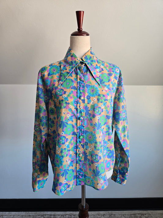 Talia Vintage 70s Floral Daggr Collar Top - M/L