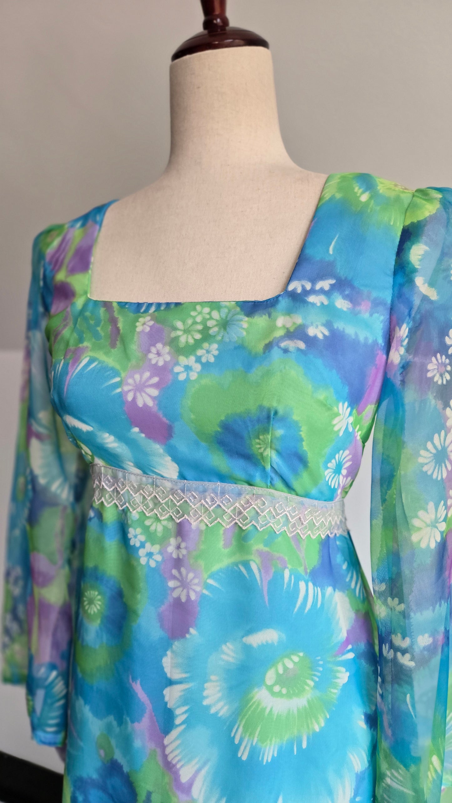 Vintage 70s Blue and Purple Psychedelic Floral Print Maxi Dress - XS
