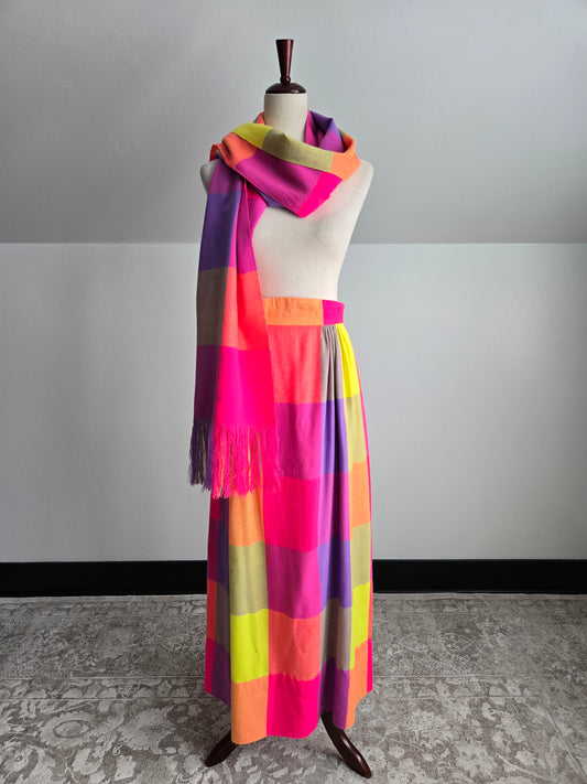 Vintage 70s Neon Plaid Matching Skirt and Scarf Set - W28"