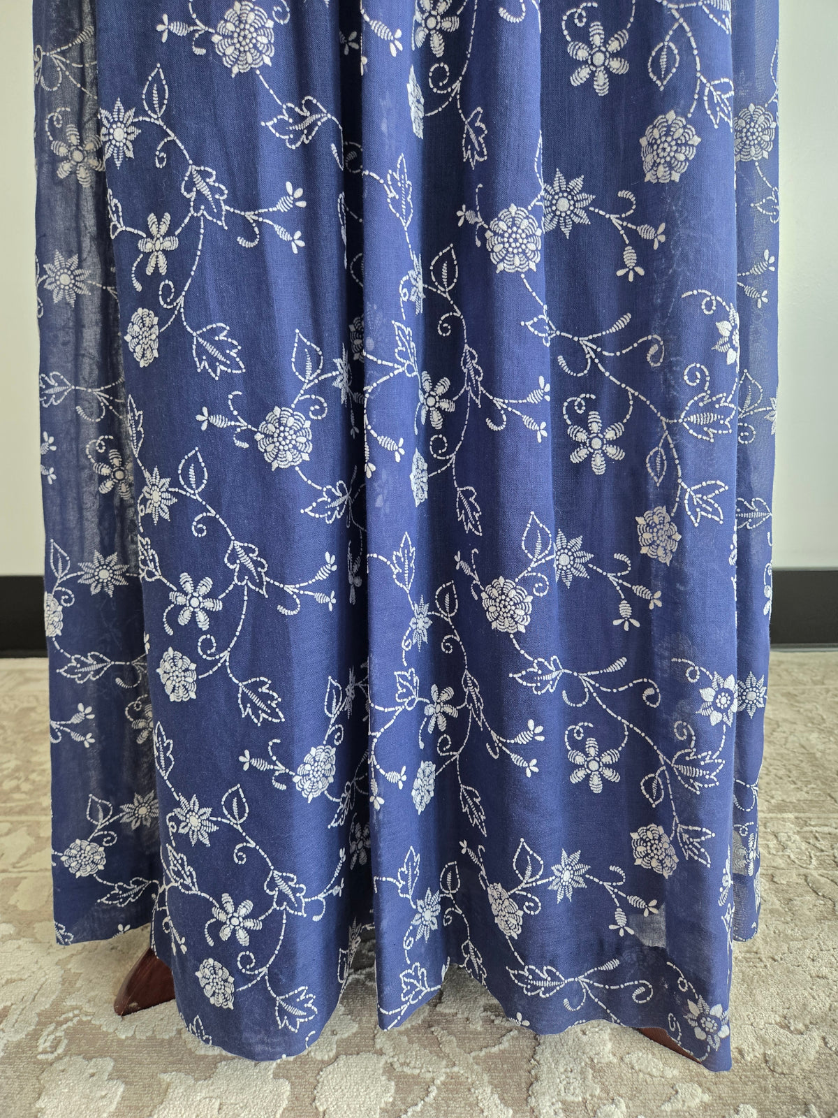 Vintage 70s Navy Blue Floral Embroirdered Maxi Dress - S/M