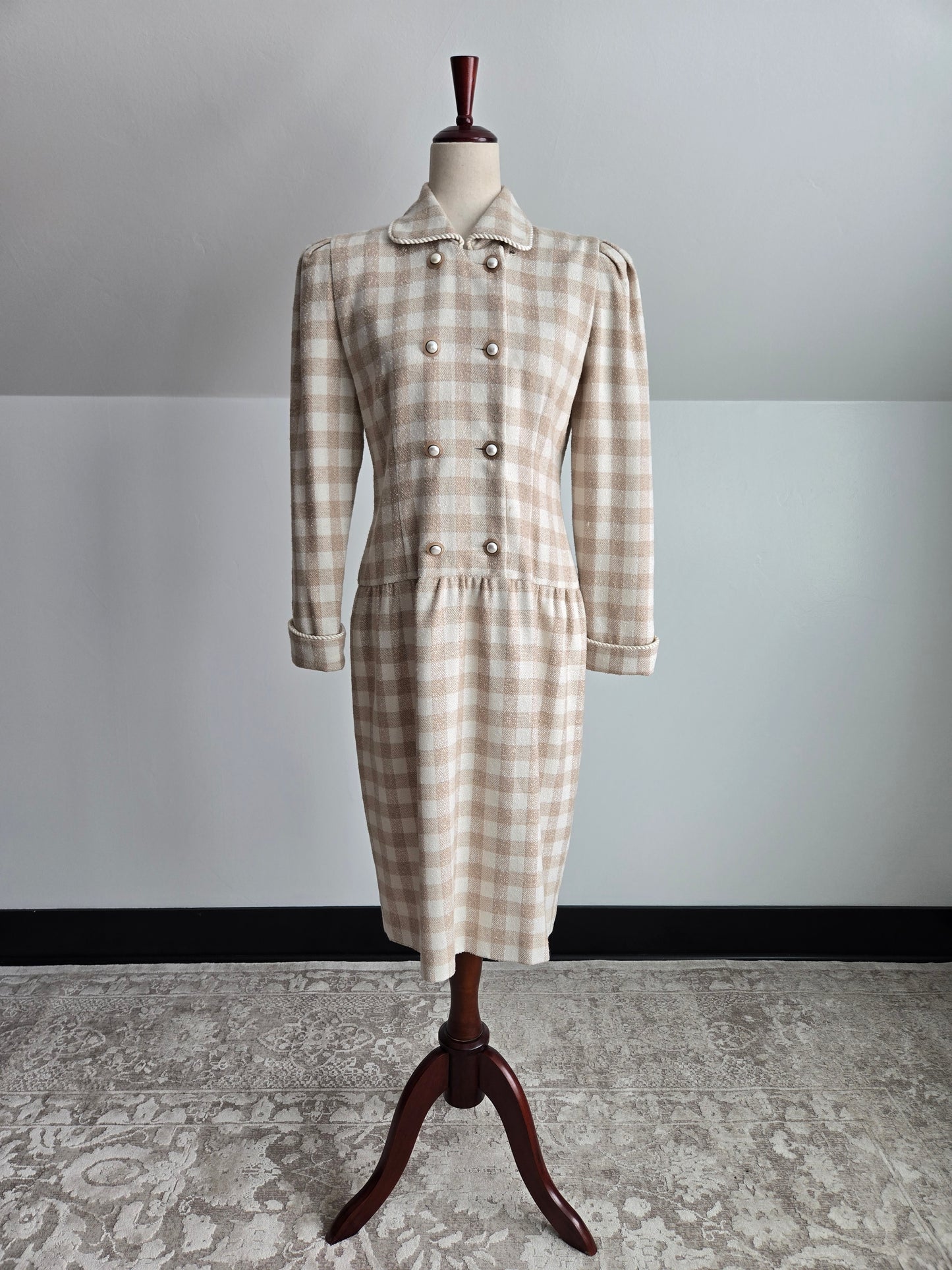 Maggy Boutique Vintage 80s Neutral Plaid Double Breasted Dress - Medium