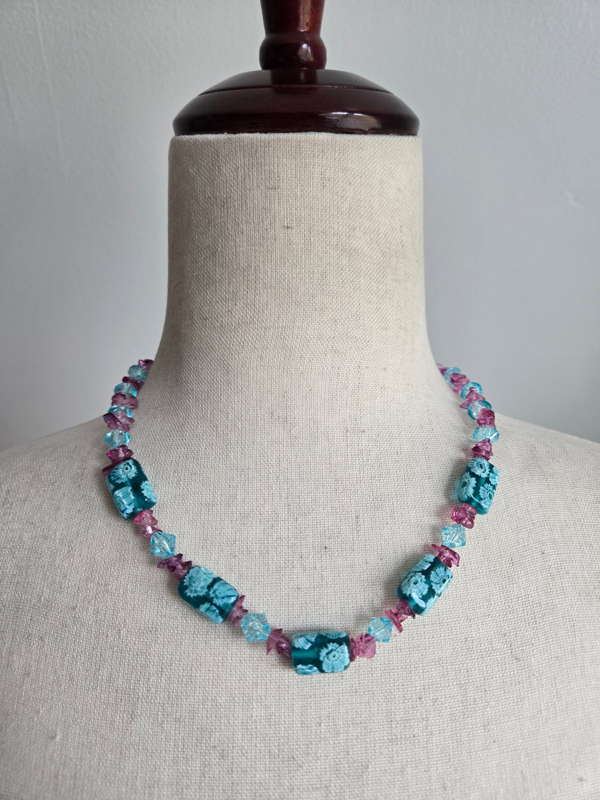 Turquoise and Pink Art Glass Bead Necklace