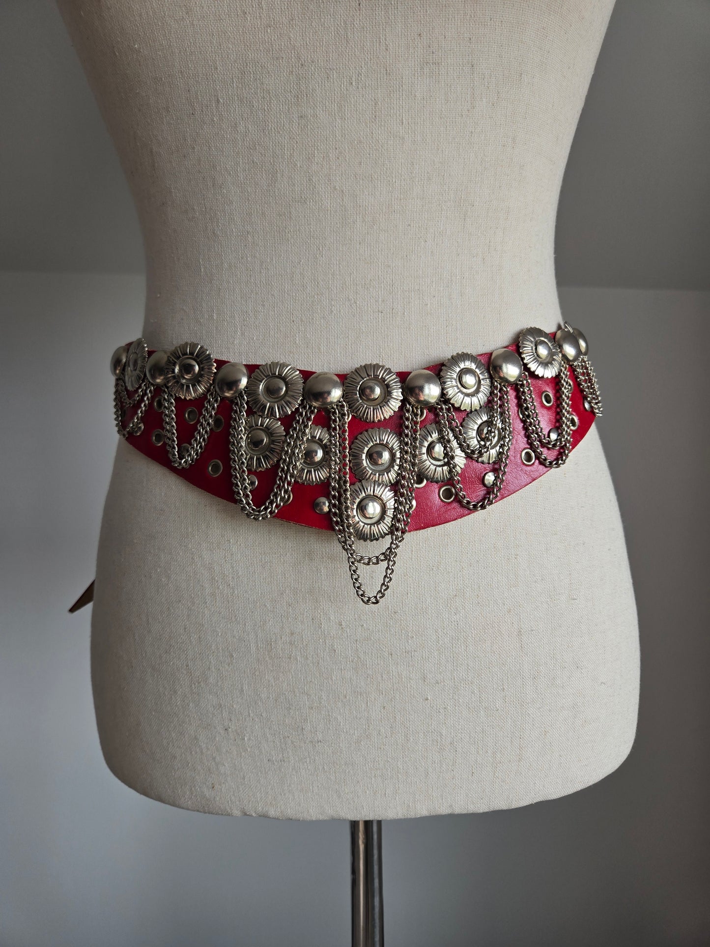 Vintage Red Leather Belt with Silver Coins and Chains - W26-36"