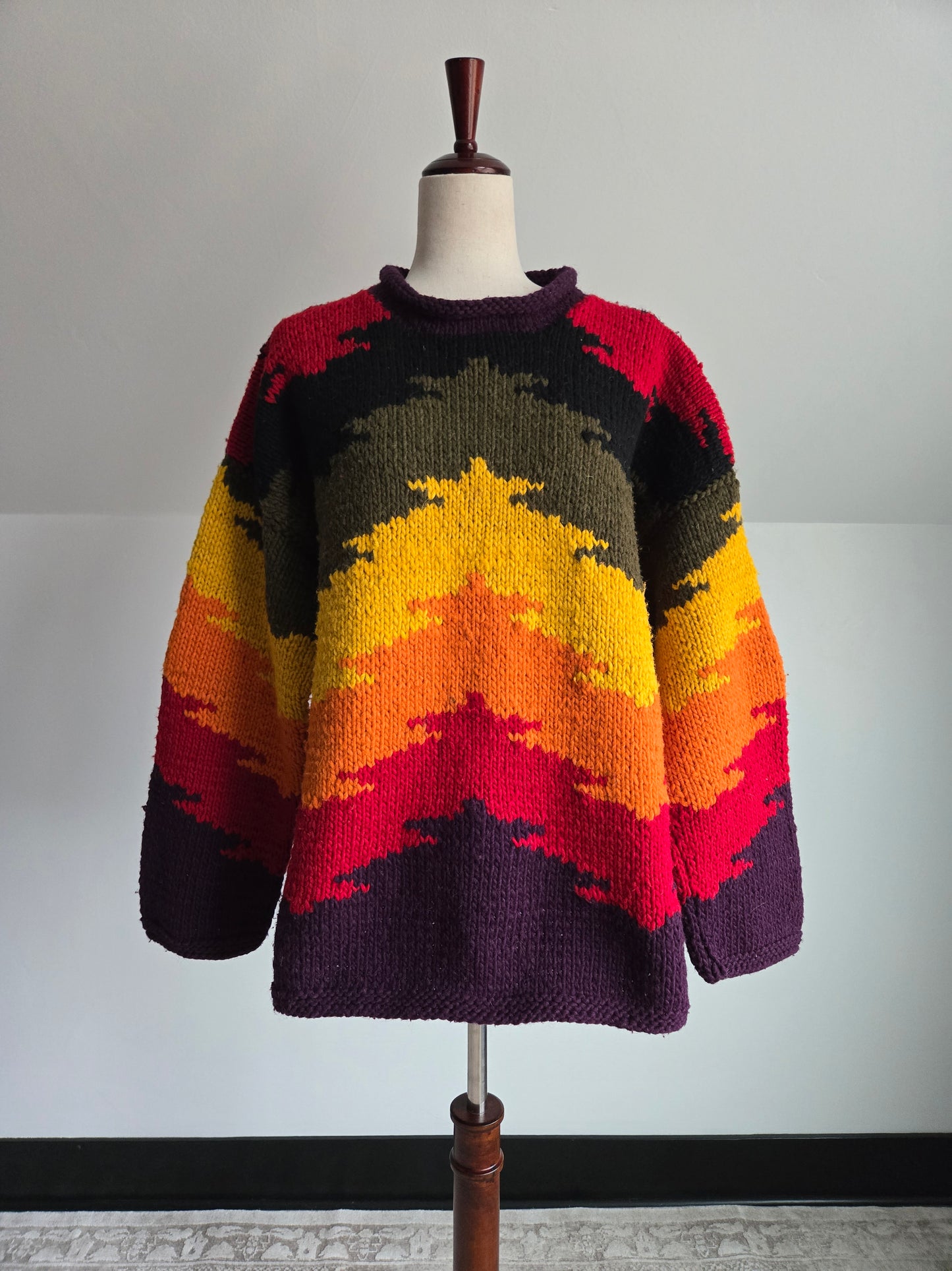 Otavalo Hand Knit Wool Rainbow Tree Native American for Outdoor Men Sweater - Large
