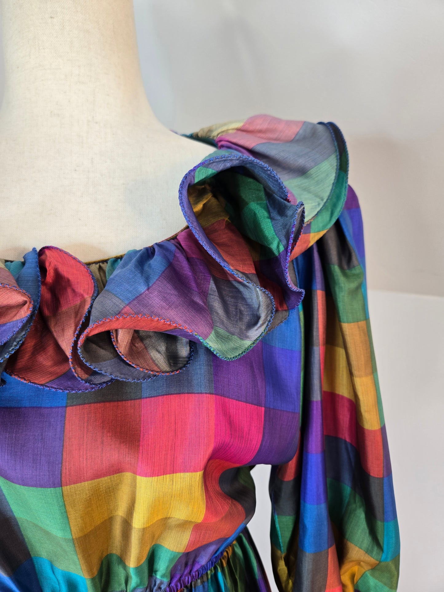 Donna Morgan Vintage 1980s Rainbow Plaid Ruffle Collar Dress - medium