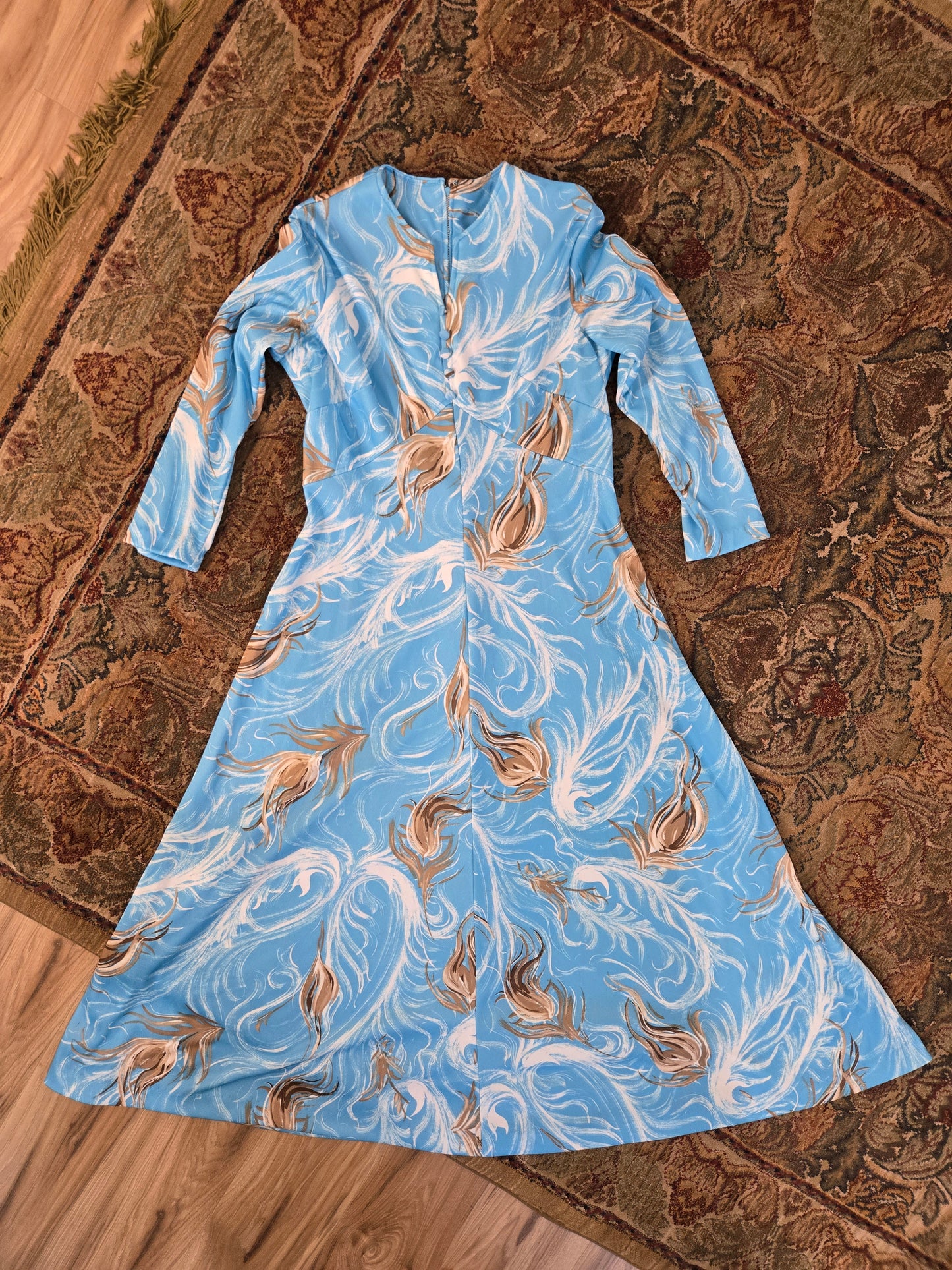 Sears Vintage 60s Blue Feather Print Dress - large