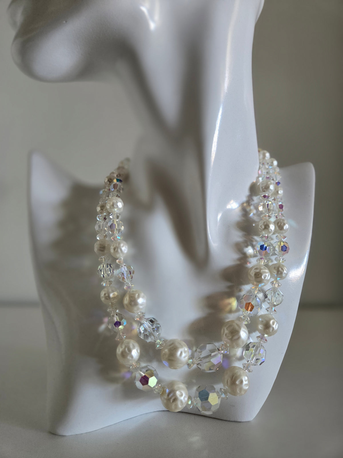 Vintage AB Crystal and Pearl Two-Strand Necklace