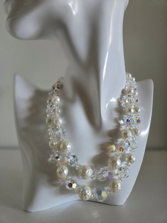 Vintage AB Crystal and Pearl Two-Strand Necklace