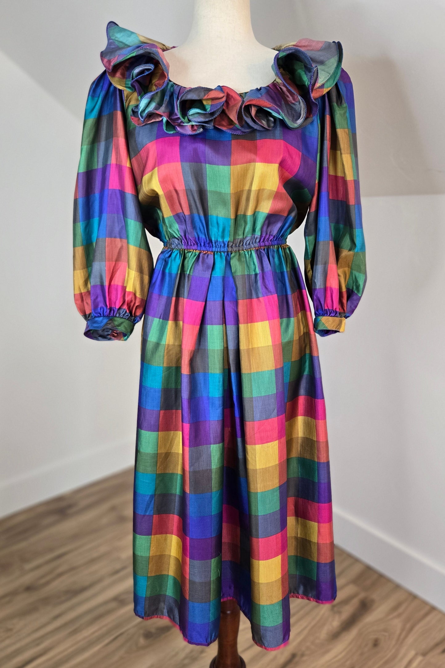 Donna Morgan Vintage 1980s Rainbow Plaid Ruffle Collar Dress - medium