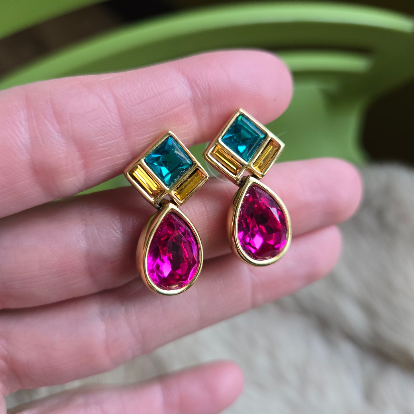 Swarovski Vintage Teal, Yellow, Pink Rhinestone Earrings - Post Back