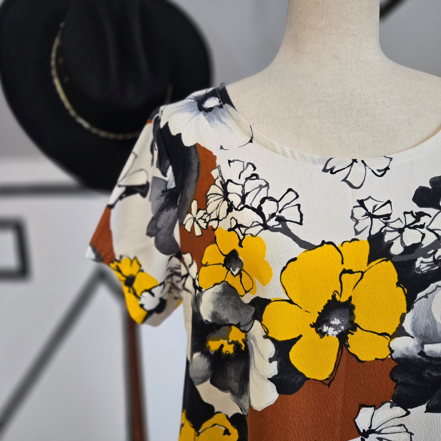 Vintage Barkcloth Yellow, Brown, and Black Flower Power Dress - medium