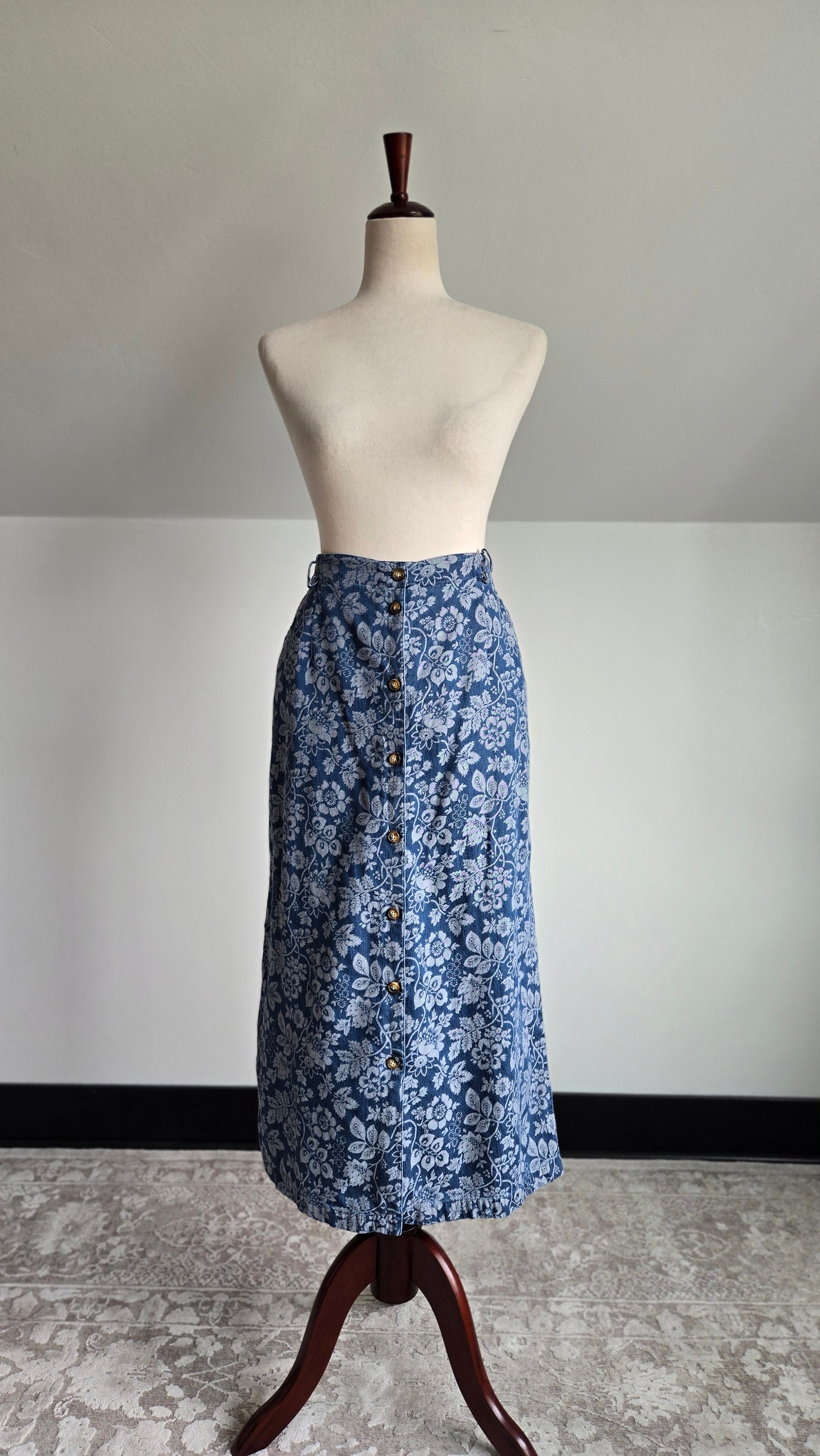 Vintage Orvis Denim Floral Jacquard Skirt - W34-37"