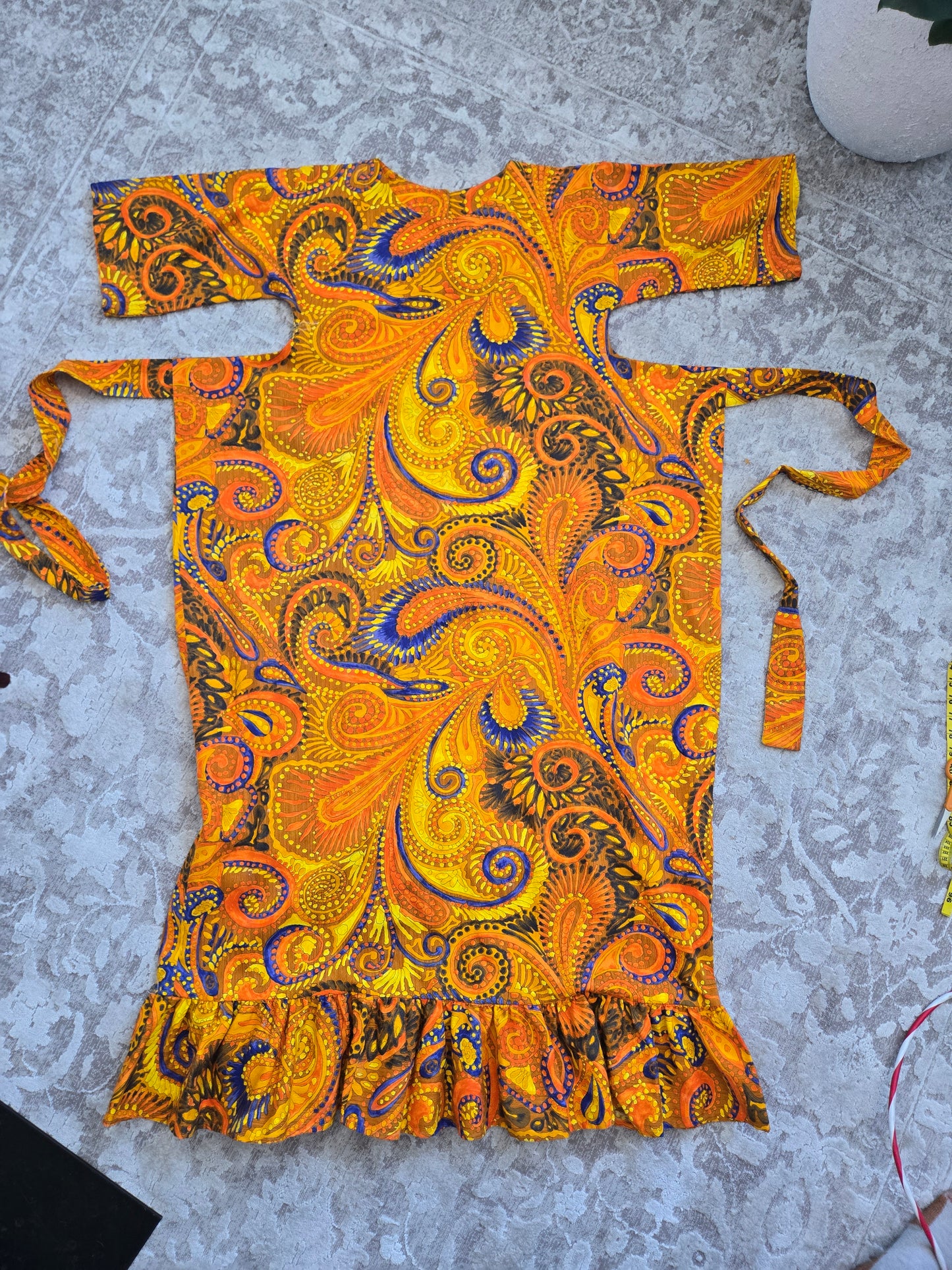 Vintage Barkcloth Orange Psychedelic Dayglo Print Maxi Dress - XS/S