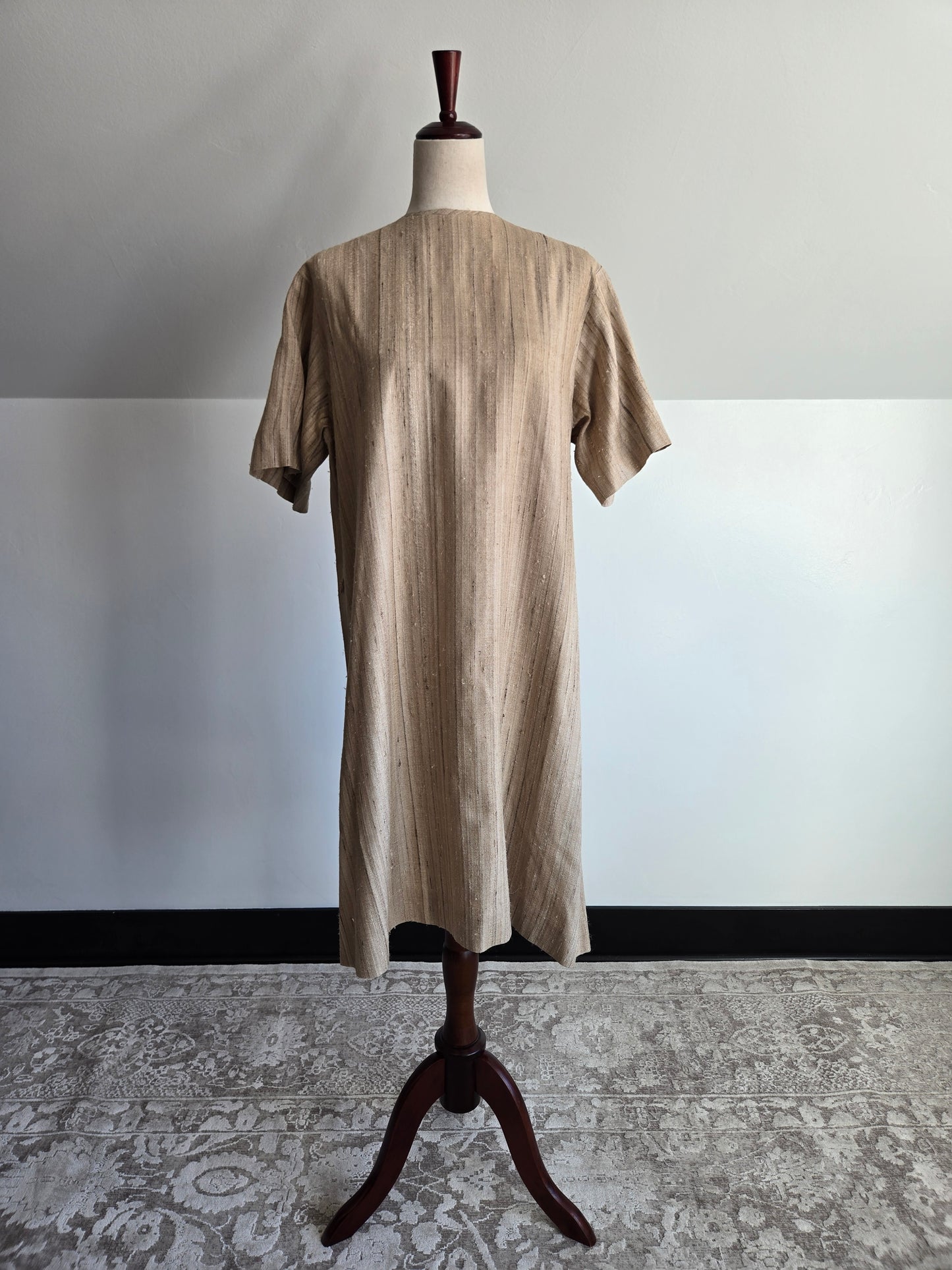 Vintage Raw Silk Tan Hand Made Dress - large