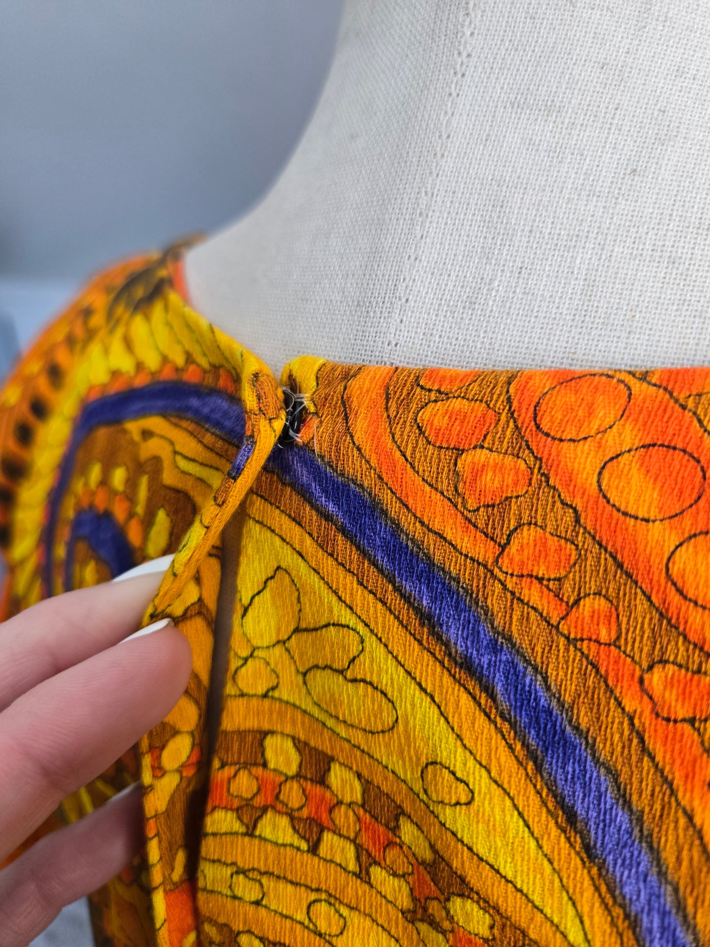 Vintage Barkcloth Orange Psychedelic Dayglo Print Maxi Dress - XS/S