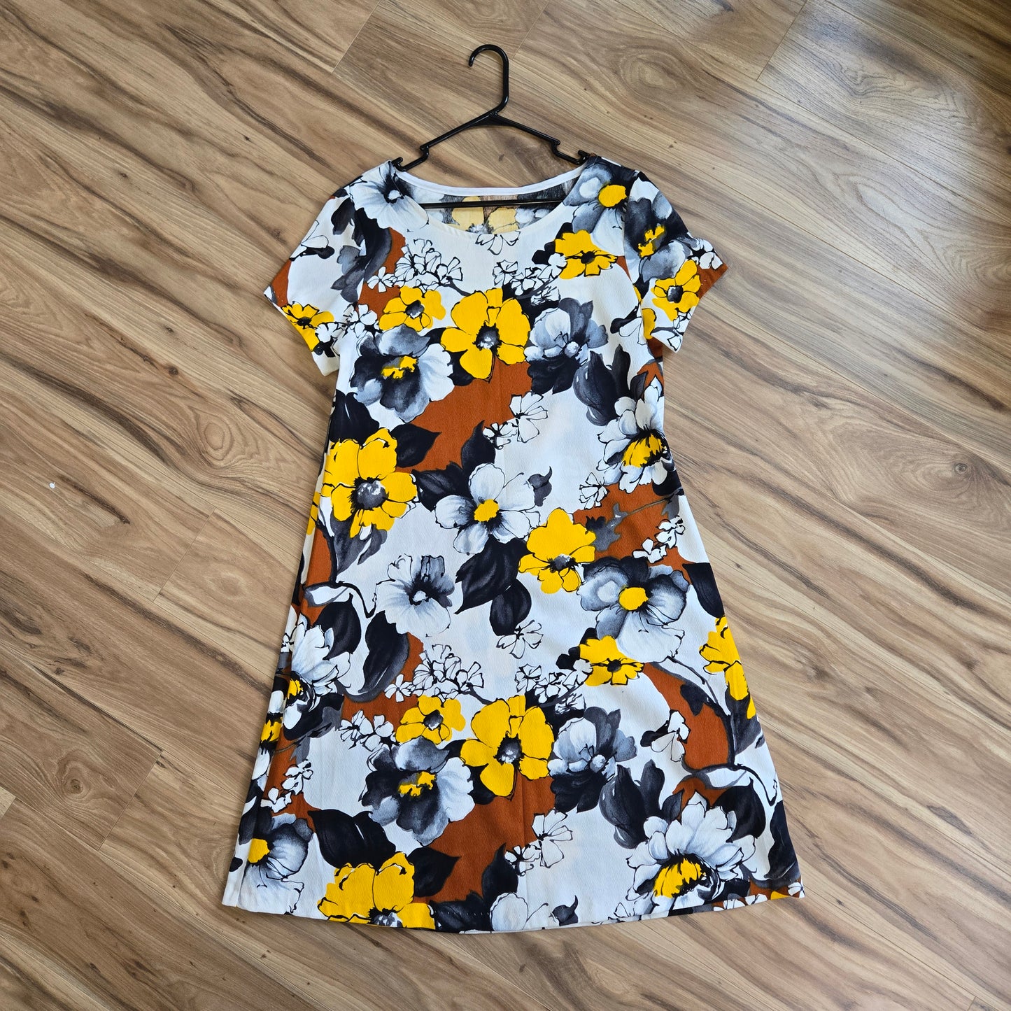 Vintage Barkcloth Yellow, Brown, and Black Flower Power Dress - medium