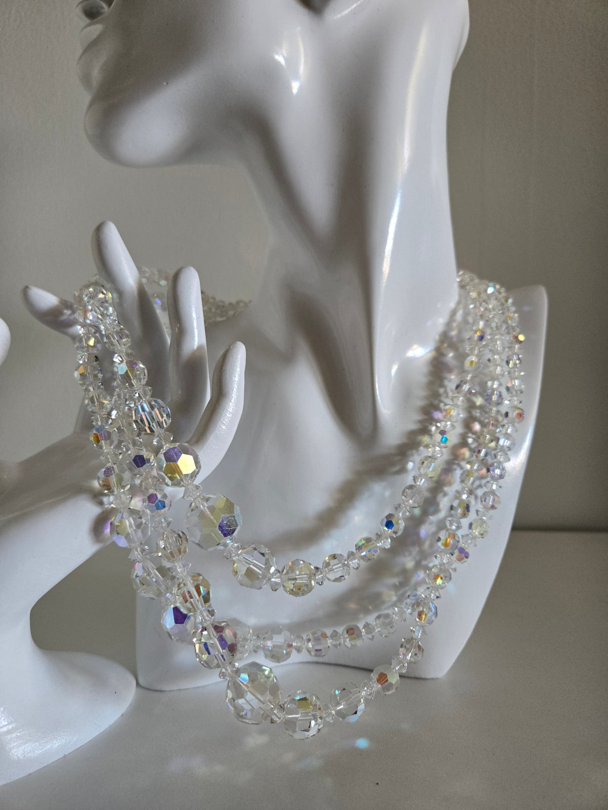 Vintage Three Strand AB Glass Crystal Necklace