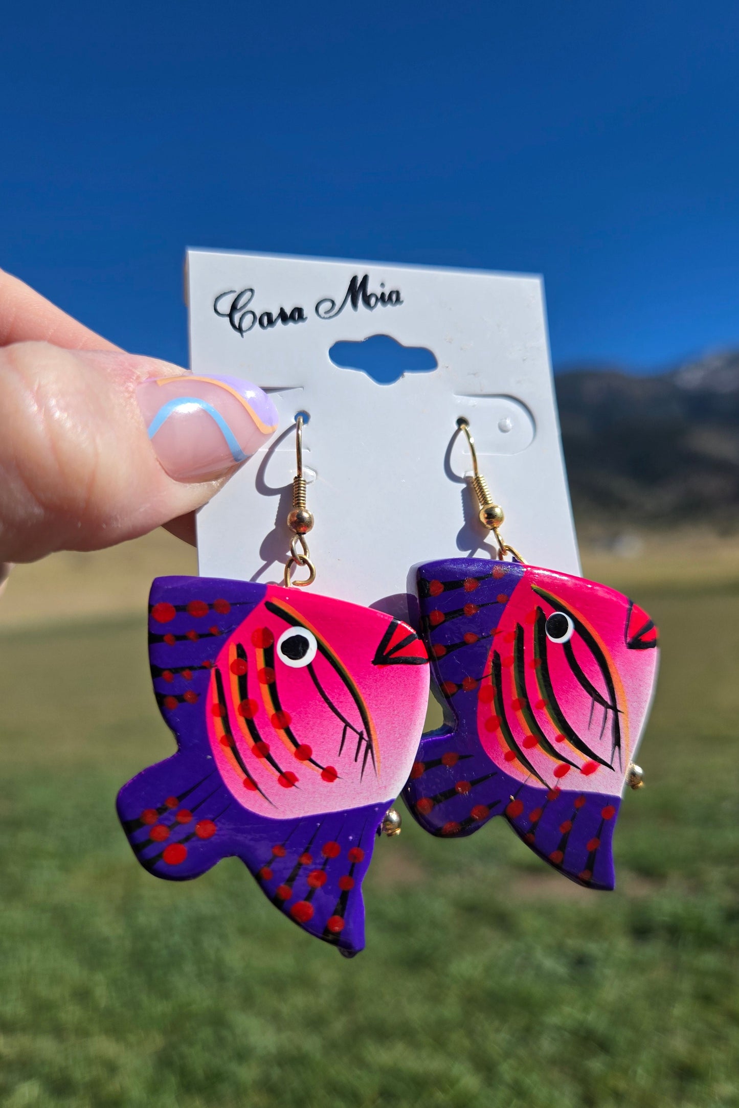 Deadstock Cara Mia Pink and Purple Wood Hand Painted Tropical Fish Earrings