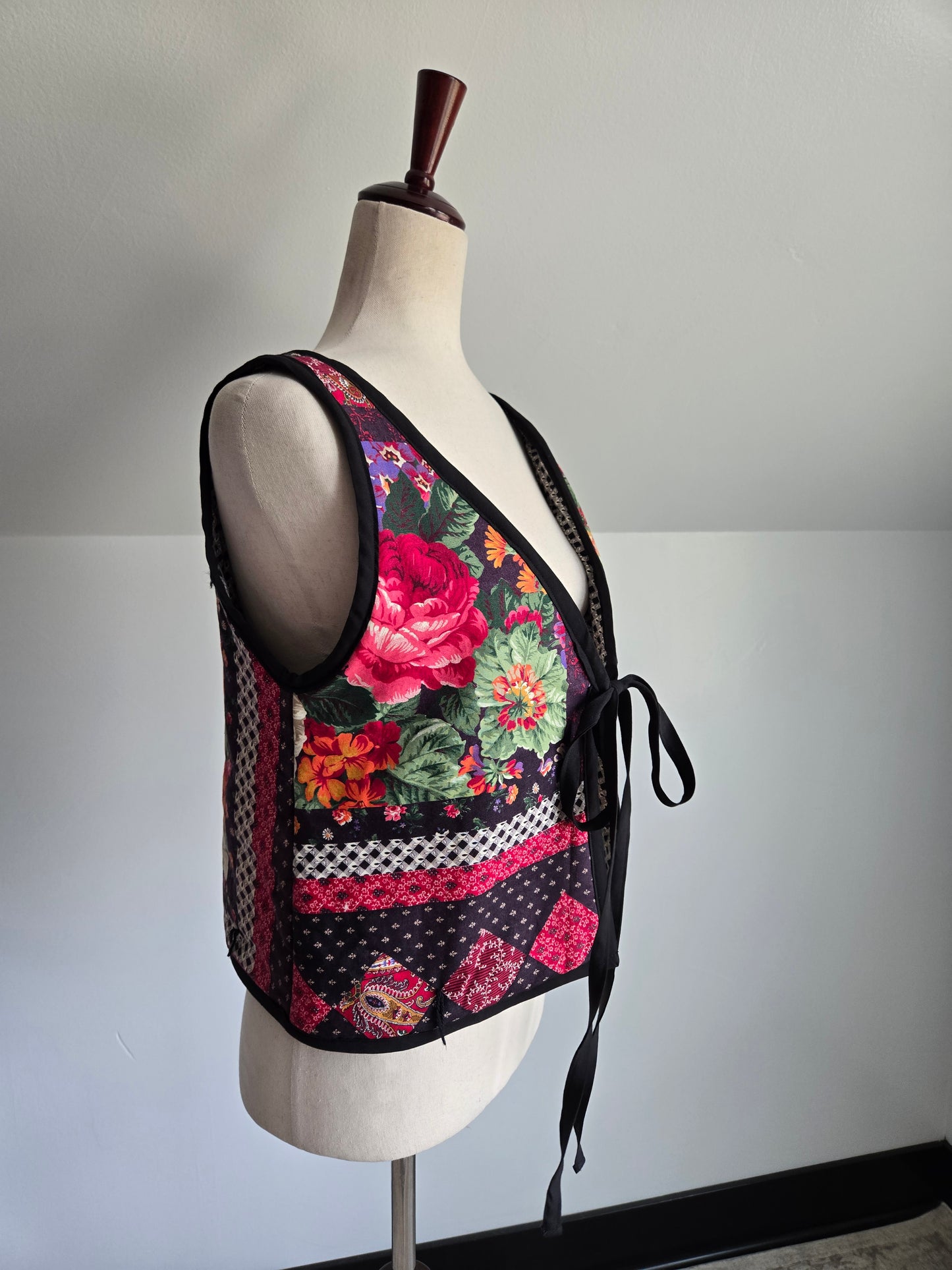 Hand Made Quilted Floral Tie Front Vest - M-XL