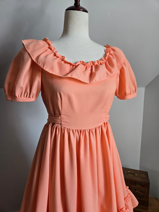 Vintage Peach Prairie Ruffled Dress - S/M