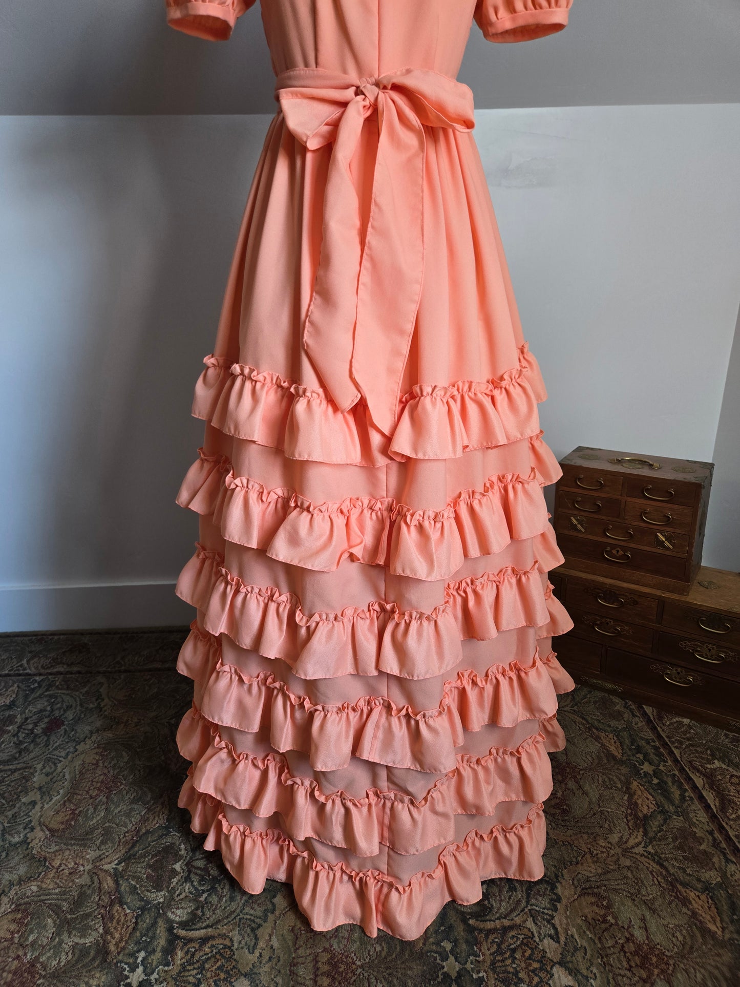 Vintage Peach Prairie Ruffled Dress - S/M
