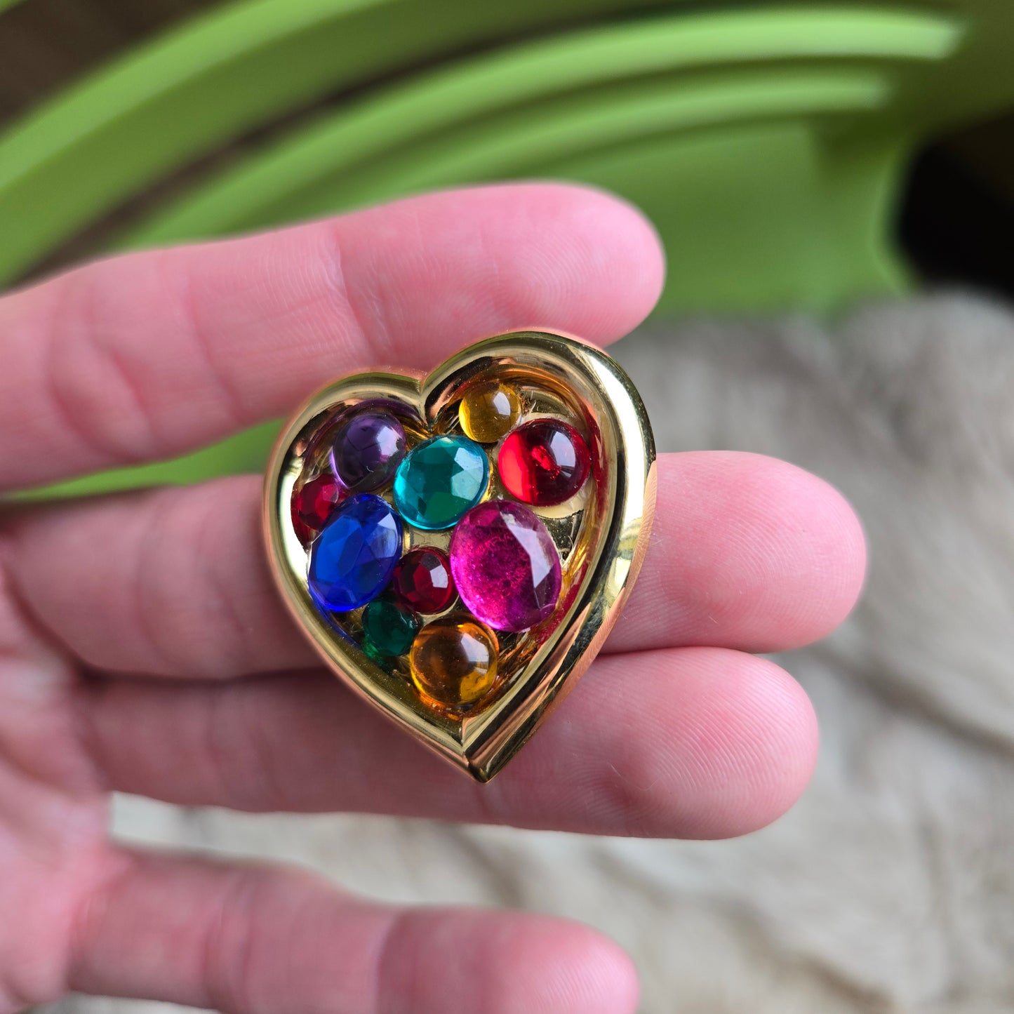 Vintage Gold Tone Rainbow Gem Heart Brooch