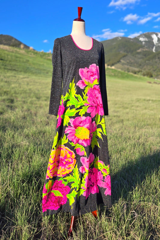 Mr. Dino 1970s Vintage Lurex Neon Floral Dress - medium