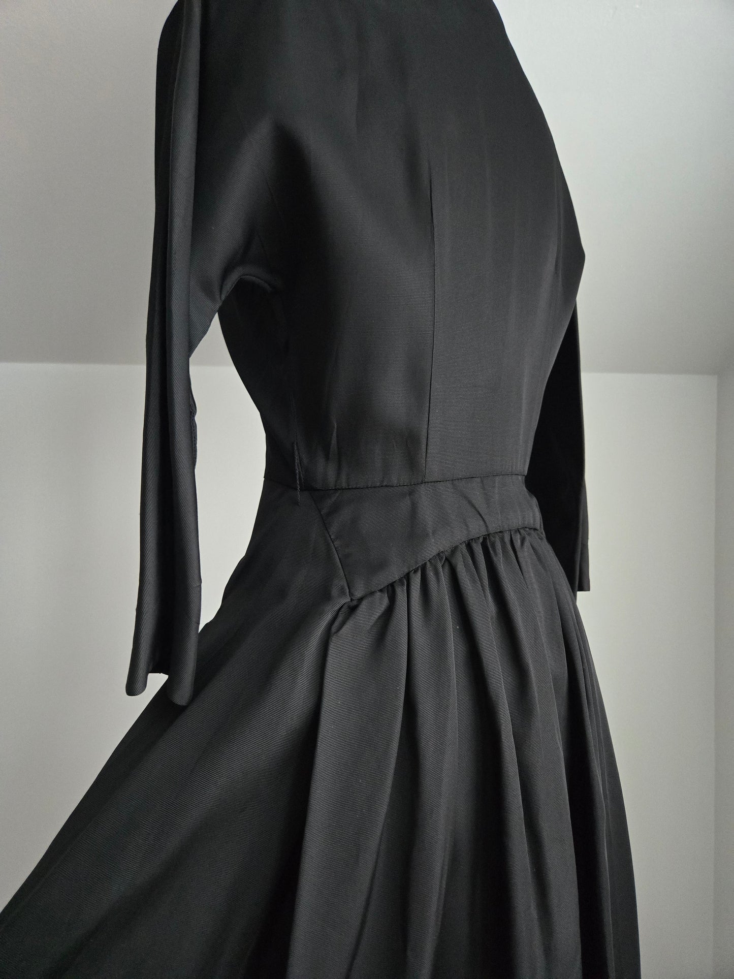 Vintage 1940s Black Satin Day Dress - Small