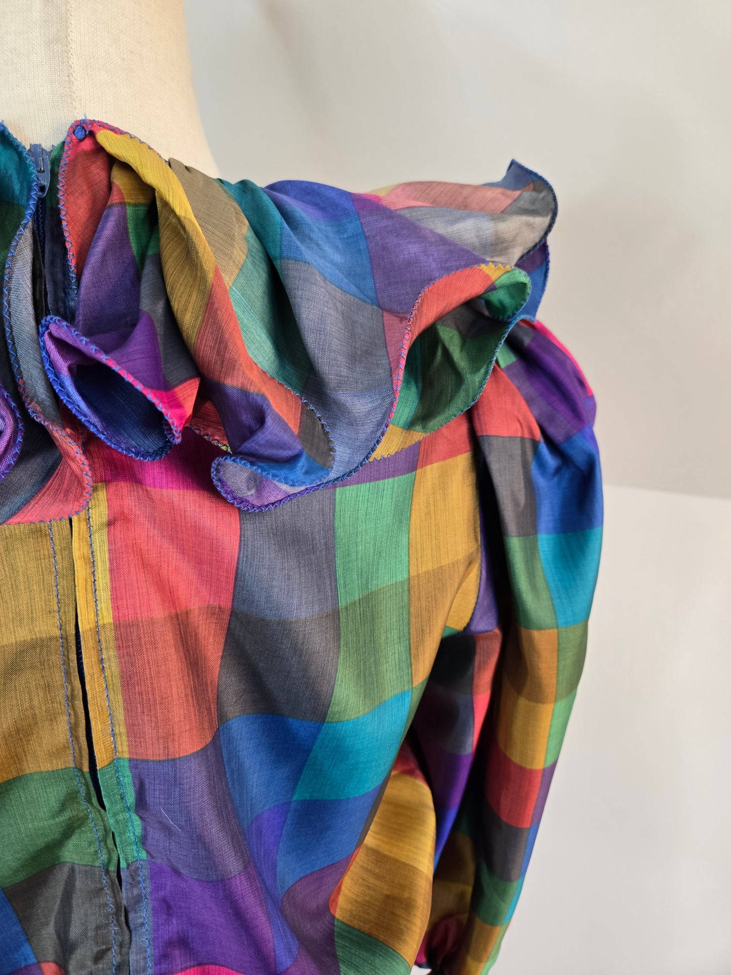 Donna Morgan Vintage 1980s Rainbow Plaid Ruffle Collar Dress - medium