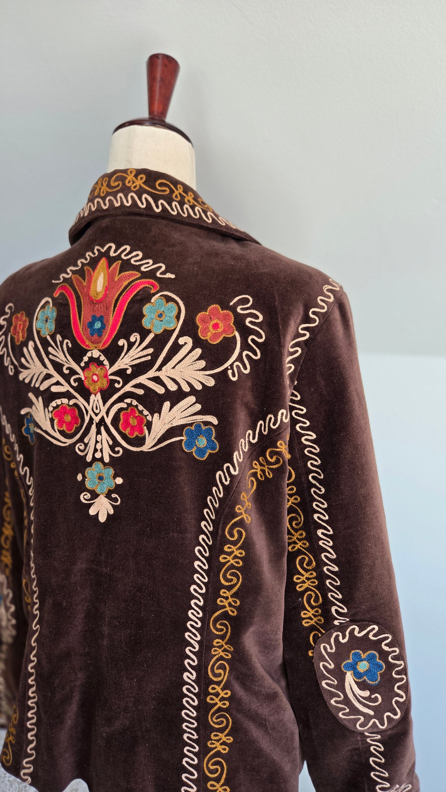 Doubled D Ranch Brown Velvet Blazer with Colorful Stitching Detail - XL