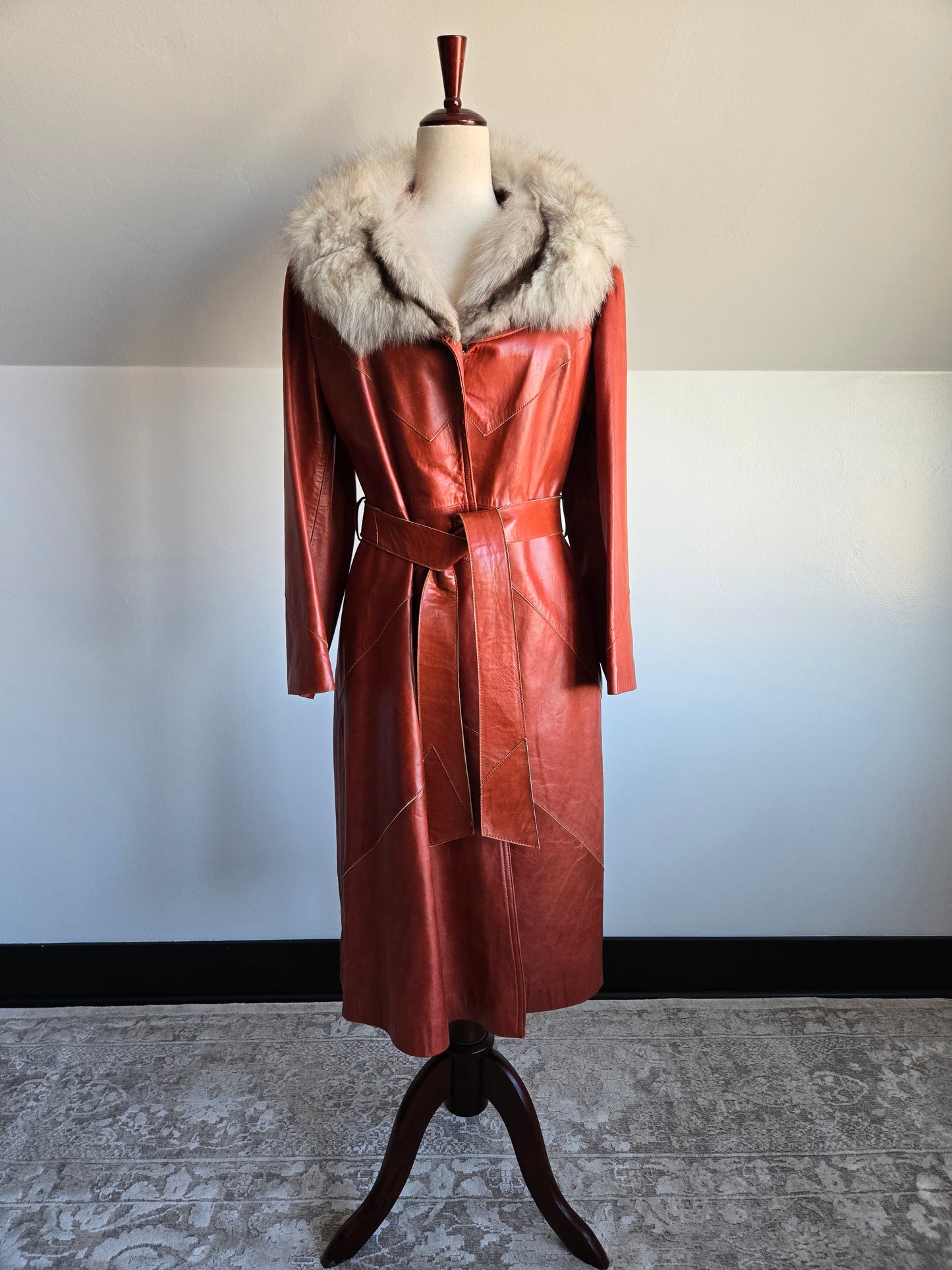 Napa Y Ante Skin Gear 1970s Patchwork Brown Leather Trench with Coyote Fur - Medium