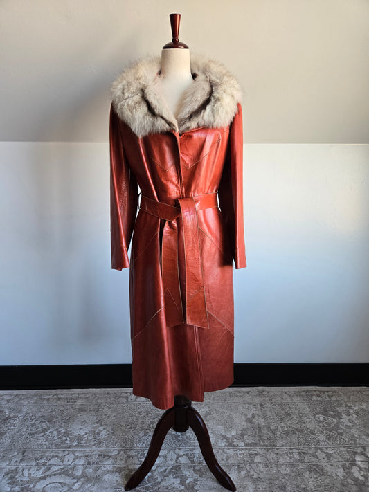 Napa Y Ante Skin Gear 1970s Patchwork Brown Leather Trench with Coyote Fur - Medium