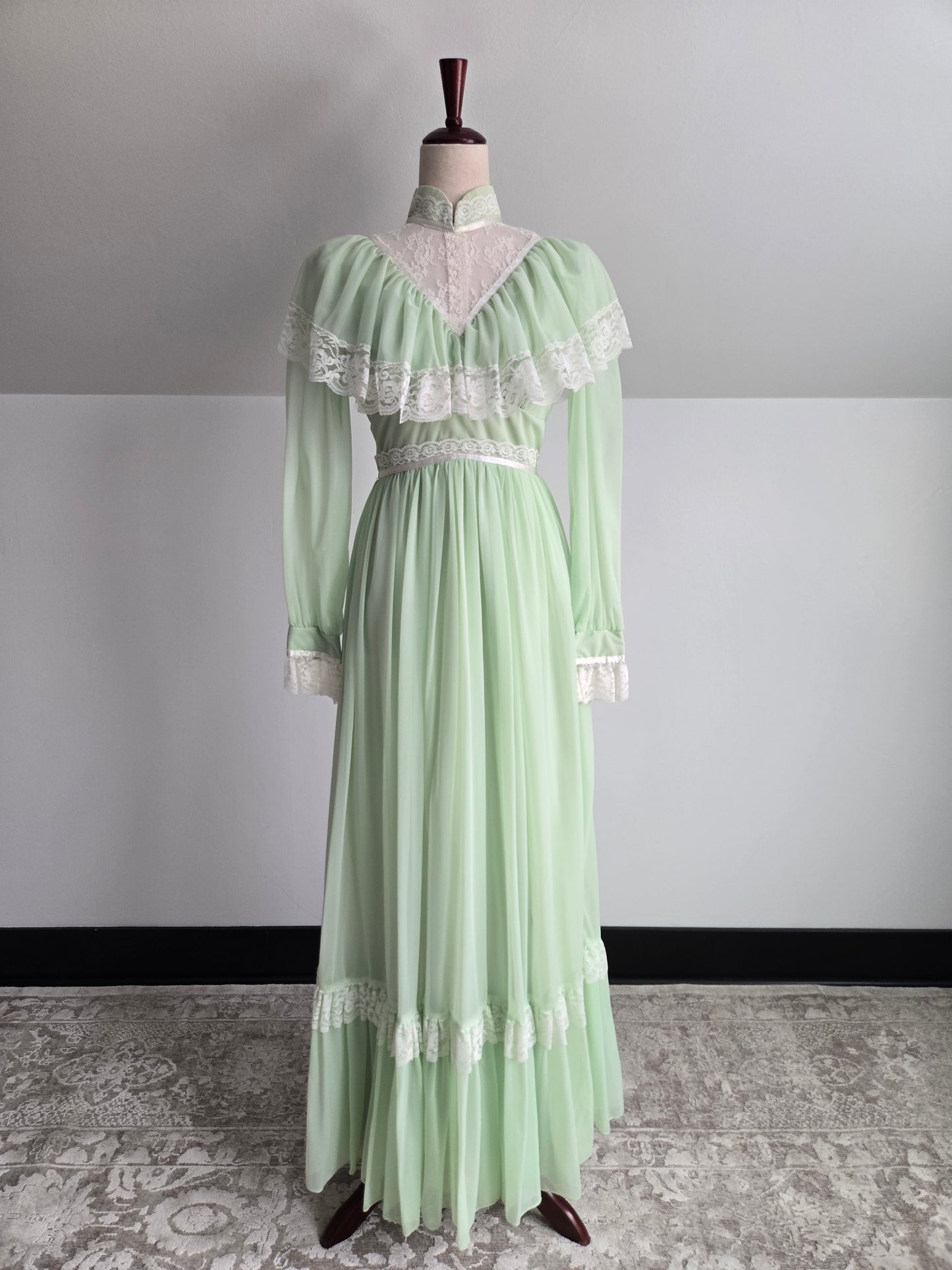 Vintage 1970s Union Made Lime Green Coquette Formal Dress - Small