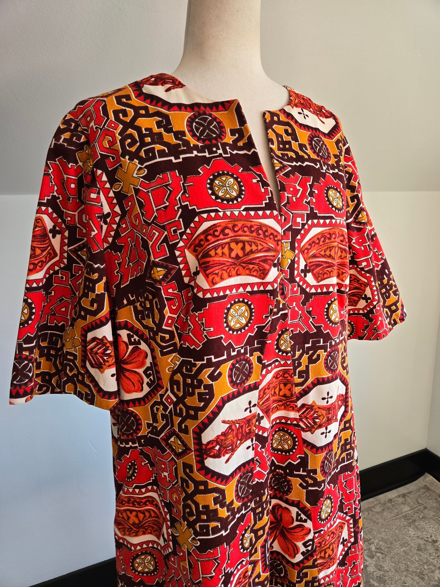 Vintage Barkcloth Red Hawaiian Print Dress - XL